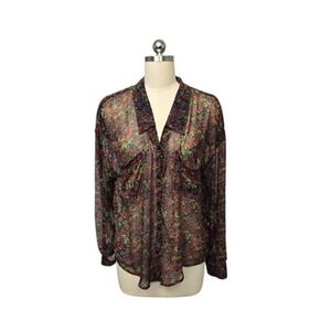 Free People Blouse Womens Medium Black Red Green Floral Sheer Long Sleeve‎ Boho